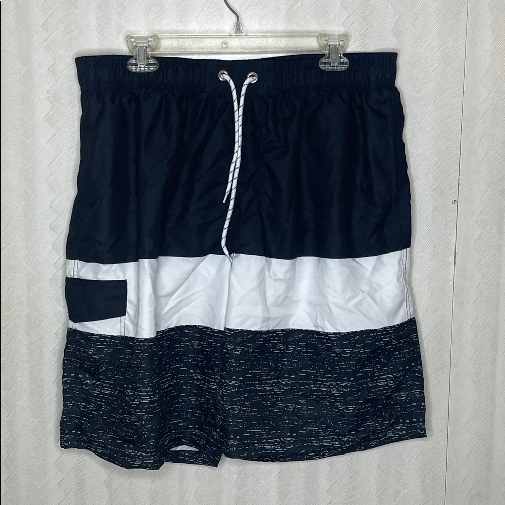 🆕 MANIFINITY Men's Navy and White Striped Seim Shorts Size XXL
